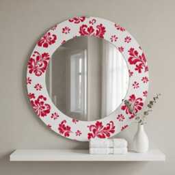 Round Mirror, White Frame With Red Floral Design, 16 Inch Vintage Wall Art Decor