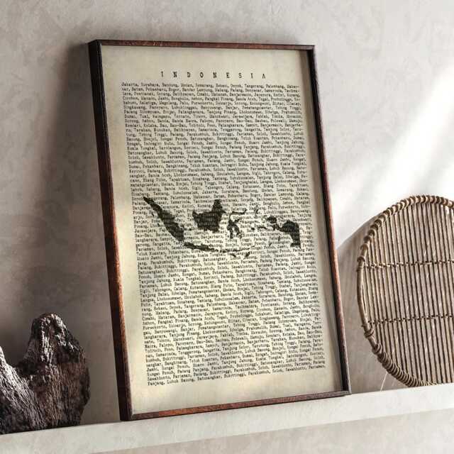 Indonesia Map - Vintage Beige Typography With City Names Travel Poster Wall Art Print - image 1