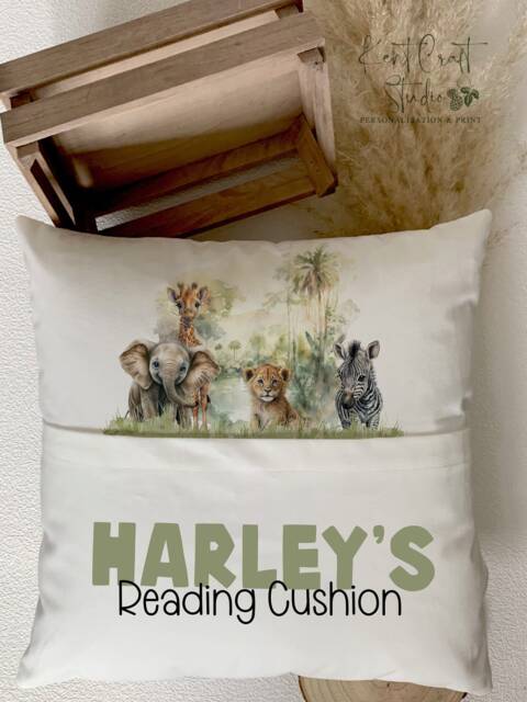 Personalised Safari Book Cushion, Pocket Reading Reading Gift, Gift For Children, Gift - image 1