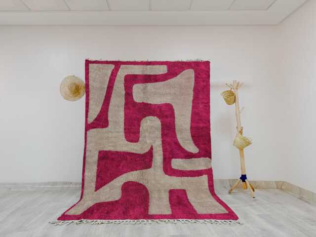 Modern Moroccan Rug -Pink & Gray Abstract Wave - Handmade Wool Shag Area Rug, Beni Ourain Inspired Carpet, Contemporary Berber - image 1