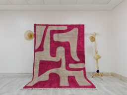 Modern Moroccan Rug -Pink & Gray Abstract Wave - Handmade Wool Shag Area Rug, Beni Ourain Inspired Carpet, Contemporary Berber - thumbnail 1