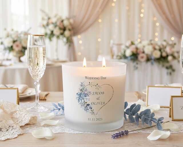 Double Wick Wedding Candle Gift Personalised Tropical Heart Candle, Frosted Glass Elegance - 80 Hours Burn Time, Five Scents Available - image 1