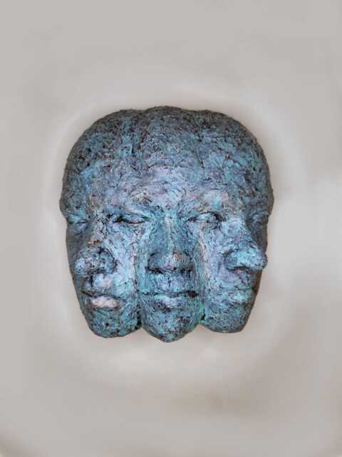 Handmade Triple Face Wall Mask Oxidized Bronze & Blue Resin Sculpture - image 1