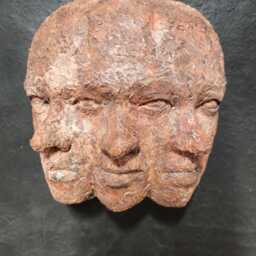 Handmade Triple Face Wall Mask Oxidized Bronze & Blue Resin Sculpture - thumbnail 4