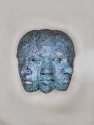 Handmade Triple Face Wall Mask Oxidized Bronze & Blue Resin Sculpture - thumbnail 1