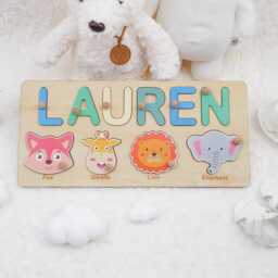 Personalized Wooden Name Puzzle, Baby Keepsake, Animal Theme - thumbnail 4