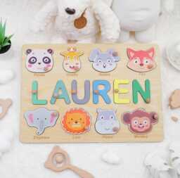 Personalized Wooden Name Puzzle, Baby Keepsake, Animal Theme - thumbnail 1