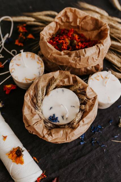 Set Of 3 Different Natural Wax Candles - Scented With Essential Oils Handmade Aromatherapy Decorated Dried Plants - image 1