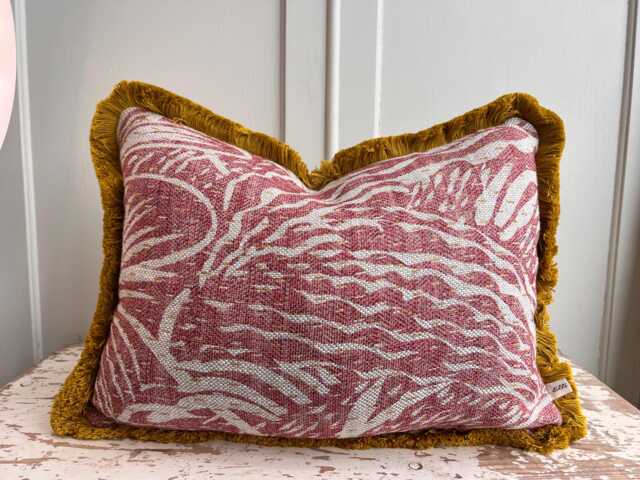 Cushions Made in Fermoie Savernake Linen Cushion Cover Burgundy Red Designer Pillow With Mustard Brush Fringe - image 1
