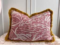 Cushions Made in Fermoie Savernake Linen Cushion Cover Burgundy Red Designer Pillow With Mustard Brush Fringe - thumbnail 1