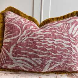 Cushions Made in Fermoie Savernake Linen Cushion Cover Burgundy Red Designer Pillow With Mustard Brush Fringe - thumbnail 3