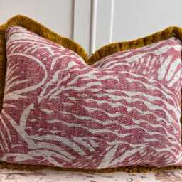 Cushions Made in Fermoie Savernake Linen Cushion Cover Burgundy Red Designer Pillow With Mustard Brush Fringe - thumbnail 2