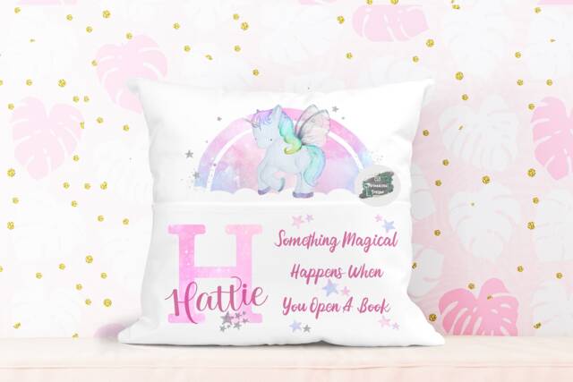Personalised Unicorn Book Cushion, Kids Storytime Pillow - image 1