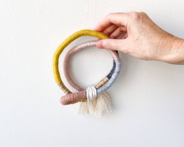 Small Macrame Rope Wall Art, Modern Fiber Art Ornament Decor, Decorative Yarn Hoop Wrapped Hanging - image 1