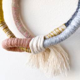 Small Macrame Rope Wall Art, Modern Fiber Art Ornament Decor, Decorative Yarn Hoop Wrapped Hanging - thumbnail 2