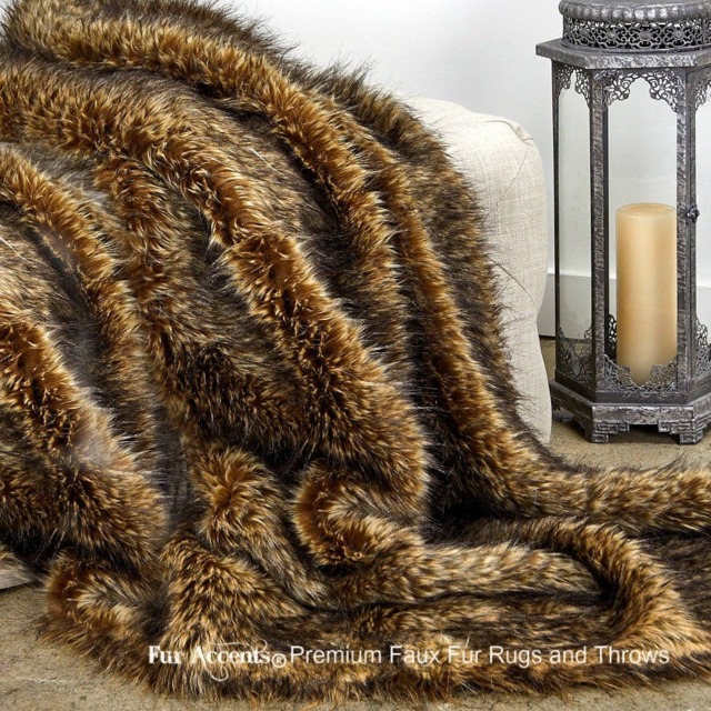 Faux Fur Throw Blanket, Brown Desert Wolf, Minky Cuddle Lining - image 1