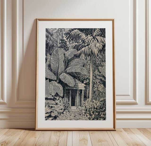Tropical Jungle Poster, Botanical Temple Print, Monochrome Wall Art - image 1