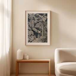 Tropical Jungle Poster, Botanical Temple Print, Monochrome Wall Art - thumbnail 3