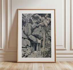 Tropical Jungle Poster, Botanical Temple Print, Monochrome Wall Art - thumbnail 1