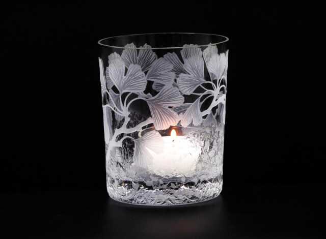 Tealight Holder, Ginkgo Biloba, Ice Flowers, Deep-Cut Engraving, Mouth-Blown, Hand-Engraved - image 1