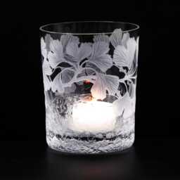 Tealight Holder, Ginkgo Biloba, Ice Flowers, Deep-Cut Engraving, Mouth-Blown, Hand-Engraved - thumbnail 3