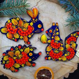 Animal Christmas Tree Decorations Set, Squirrel Rabbit Hegehog, Unique Wooden Ornaments Hand Painted in Ukrainian Art Petrykivka