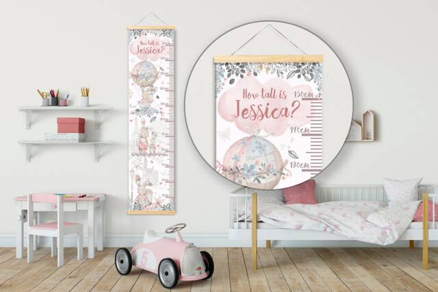 Personalised Height/ Growth Chart - Floral Rabbits Beautiful Nursery & Bedroom Wall Decor Printed On A Luxury Fabric Ideal Keepsake - image 1