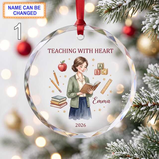 Teaching With Heart Teacher Christmas Glass Ornament, Custom Educator Keepsake Featuring Apple, Books, Abc Blocks & School Supplies - image 1