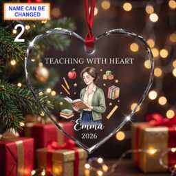 Teaching With Heart Teacher Christmas Glass Ornament, Custom Educator Keepsake Featuring Apple, Books, Abc Blocks & School Supplies - thumbnail 2