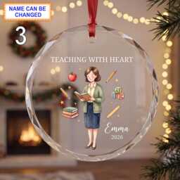 Teaching With Heart Teacher Christmas Glass Ornament, Custom Educator Keepsake Featuring Apple, Books, Abc Blocks & School Supplies - thumbnail 3
