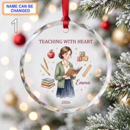 Teaching With Heart Teacher Christmas Glass Ornament, Custom Educator Keepsake Featuring Apple, Books, Abc Blocks & School Supplies - thumbnail 1