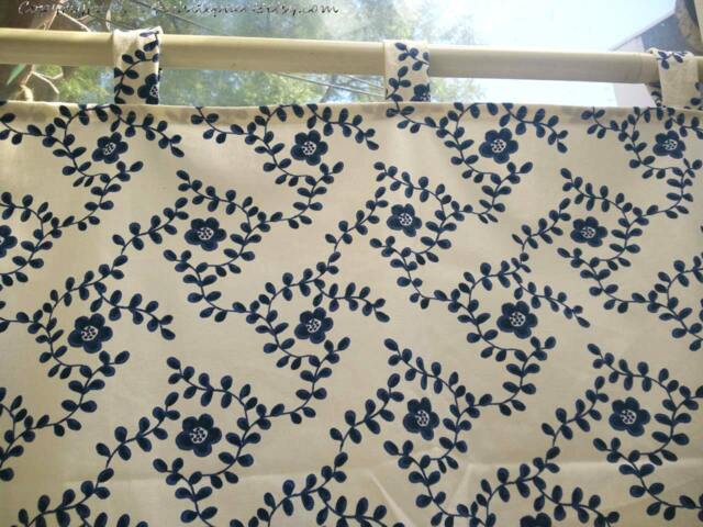 Cafe Curtain Window Valance/Window Treatment Topper/Kitchen Bathroom Nursery Drape Panel-Cotton Linen Navy Blue Flower, Get Free Gift - image 1