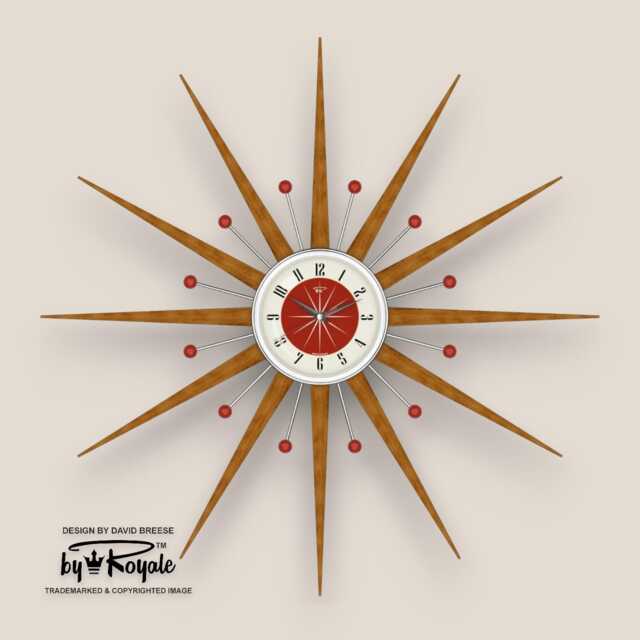 Teak Starburst Clock Mid Century Modern Wall Decor, 30 - image 1