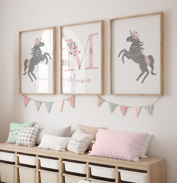 Set Of 3 Unicorn Prints, Girls Bedroom Room Decor, Unicorn Decor, Kids Prints, Floral, Pink, Personalised, Girls Wall Art - image 1