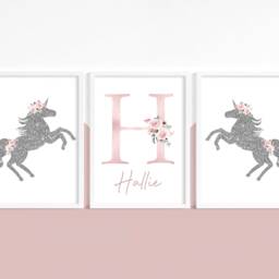 Set Of 3 Unicorn Prints, Girls Bedroom Room Decor, Unicorn Decor, Kids Prints, Floral, Pink, Personalised, Girls Wall Art - thumbnail 2