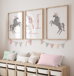 Set Of 3 Unicorn Prints, Girls Bedroom Room Decor, Unicorn Decor, Kids Prints, Floral, Pink, Personalised, Girls Wall Art - thumbnail 1