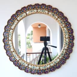 Round Purple & Gold Mirror 60cm - Boho Sunburst Wall Handmade Peruvian Decorative Statement