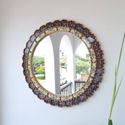 Round Purple & Gold Mirror 60cm - Boho Sunburst Wall Handmade Peruvian Decorative Statement - thumbnail 3