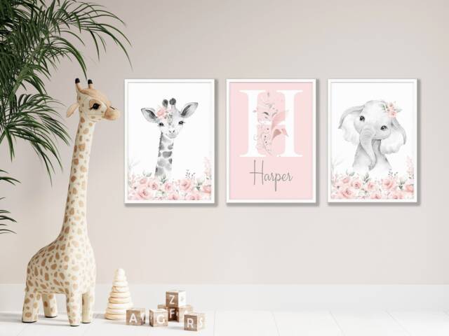 Personalised Girl Nursery Prints Safari Animals, Pink Floral Decor - image 1