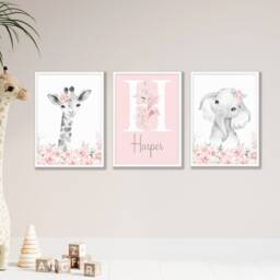 Personalised Girl Nursery Prints Safari Animals, Pink Floral Decor - thumbnail 3