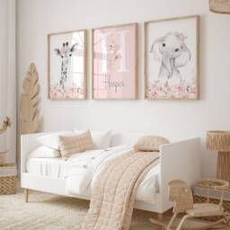 Personalised Girl Nursery Prints Safari Animals, Pink Floral Decor - thumbnail 2