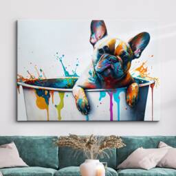 French Bulldog Bathtub Abstract Dog Pet Animal Painting Splatter Wall Art, Framed Canvas Poster Print, Home Kitchen Office Room Decor, Gifts - thumbnail 1