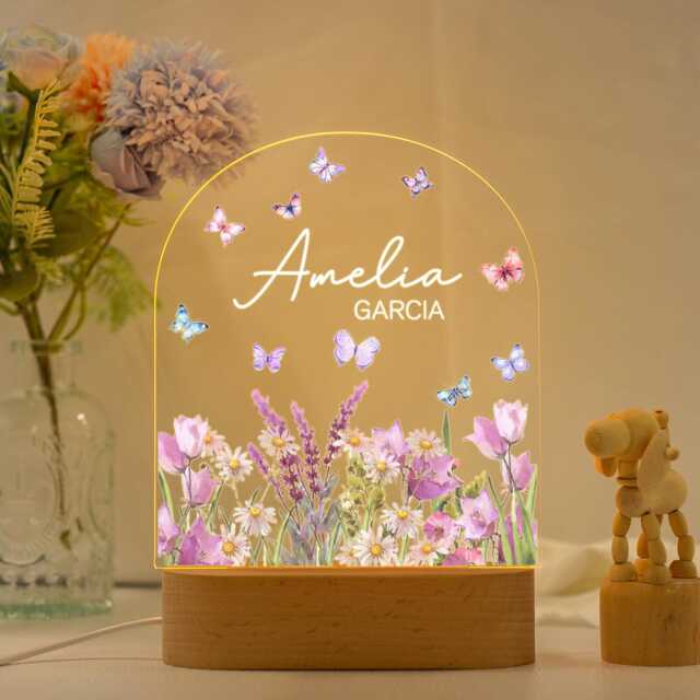 Custom Floral Butterfly Name Night Light, Personalized Flower Garden Lamp, Birthday Gift, Bedroom Bedside Light, Nursery Decor - image 1