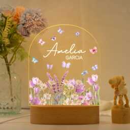 Custom Floral Butterfly Name Night Light, Personalized Flower Garden Lamp, Birthday Gift, Bedroom Bedside Light, Nursery Decor - thumbnail 1
