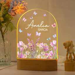 Custom Floral Butterfly Name Night Light, Personalized Flower Garden Lamp, Birthday Gift, Bedroom Bedside Light, Nursery Decor - thumbnail 2