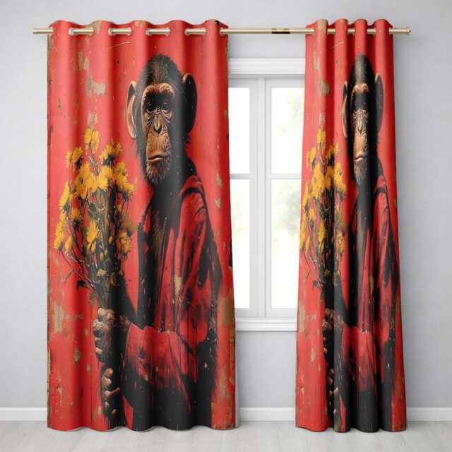 Chimpanzee Holding Yellow Flowers Red Urban Art Vibrant Artwork For Bedroom Decor Readymade Eyelet Ring Top Thermal 100% Blackout Curtains - image 1