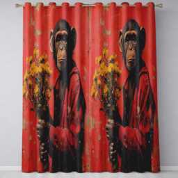 Chimpanzee Holding Yellow Flowers Red Urban Art Vibrant Artwork For Bedroom Decor Readymade Eyelet Ring Top Thermal 100% Blackout Curtains - thumbnail 3