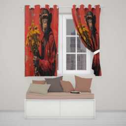 Chimpanzee Holding Yellow Flowers Red Urban Art Vibrant Artwork For Bedroom Decor Readymade Eyelet Ring Top Thermal 100% Blackout Curtains - thumbnail 2