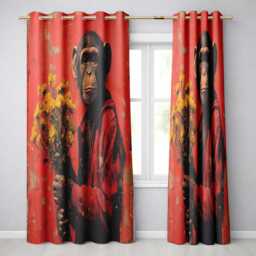 Chimpanzee Holding Yellow Flowers Red Urban Art Vibrant Artwork For Bedroom Decor Readymade Eyelet Ring Top Thermal 100% Blackout Curtains - thumbnail 1