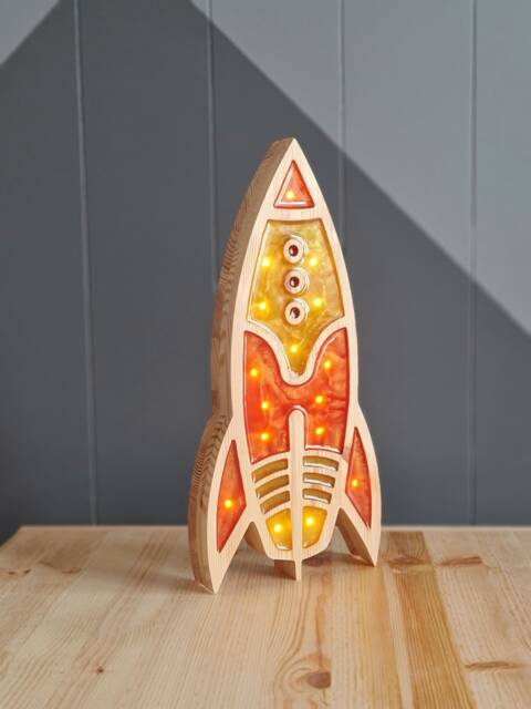 Handmade Rocket Ship Night Light - Wooden Led Space Lamp For Kids Room Nursery Decor - image 1